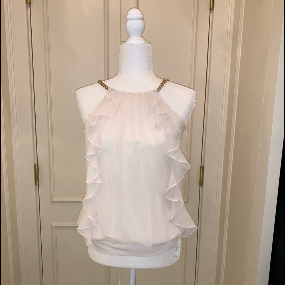 Cache sleeveless top with gold chain accent